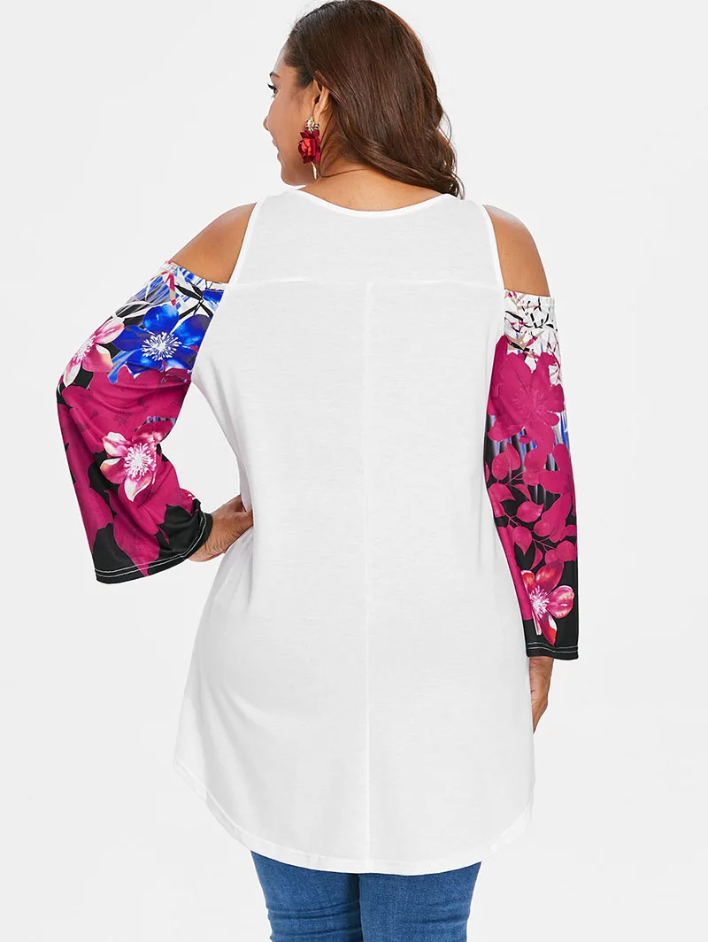 PlusMiss плюс размер цветочный принт Boho холодное плечо Туника Длинные Топы 5XL