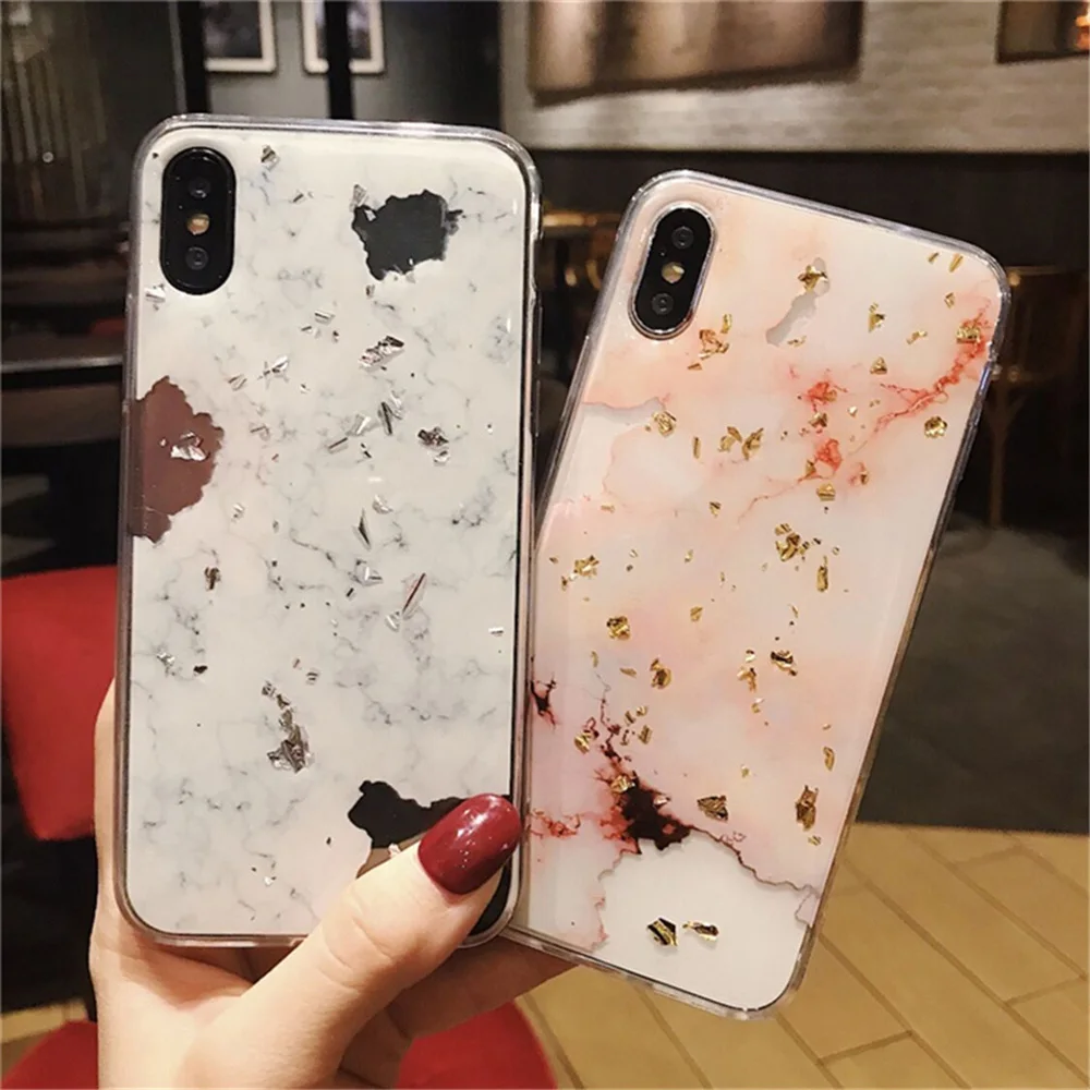 Gold Foil Bling Marble Phone Case For iPhone 6 7 8 Plus X XR XS Luxury Glitter Soft TPU with Film |