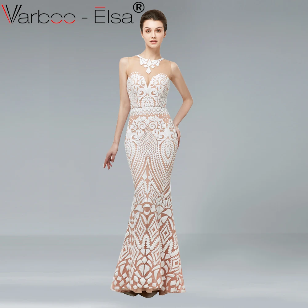 VARBOO_ELSA 2018 Новое расшитое блестками длинное вечернее платье бежевое без рукавов