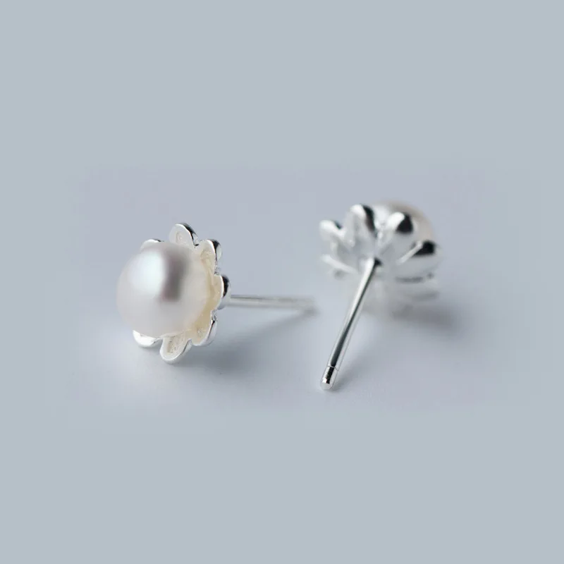7 мм * 5 мм. 925 sterling silver Пресноводных Культивированный Жемчуг Цветок Серьги