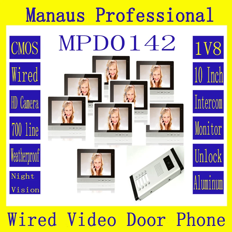 

Highquality 10 inch TFT Color Wired Digital One to Eight Video Doorphone System,Waterproof Smarthome Video Intercom System D142b
