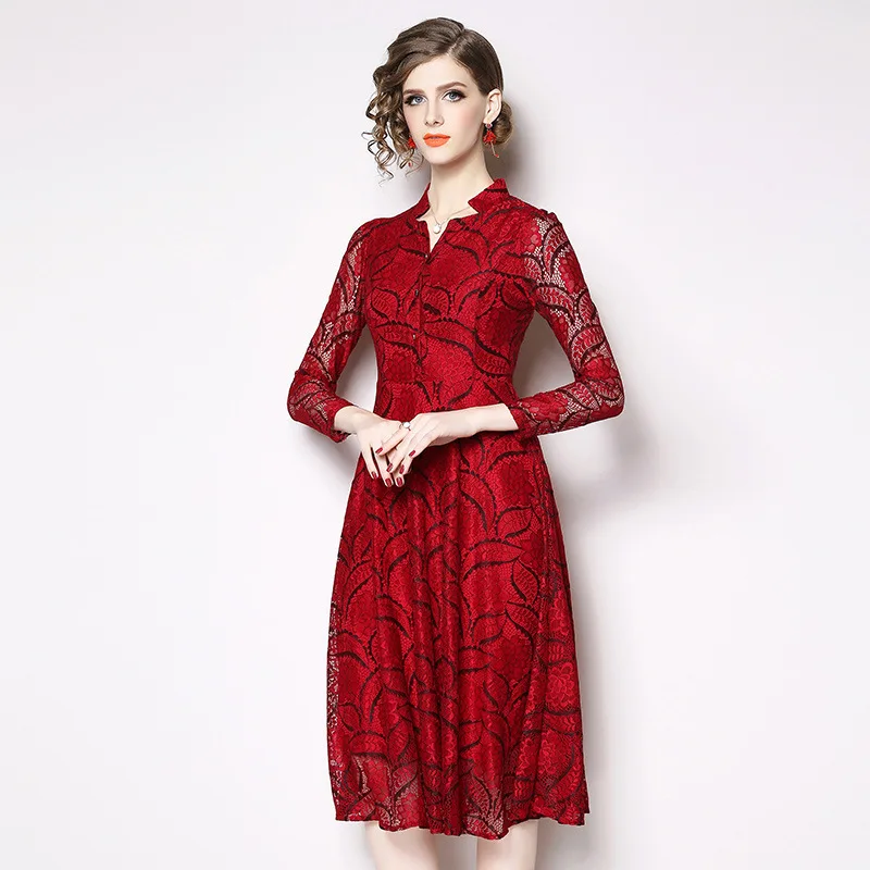 S-XXL весенне-летнее женское платье кружевное с черным листом красным цветком