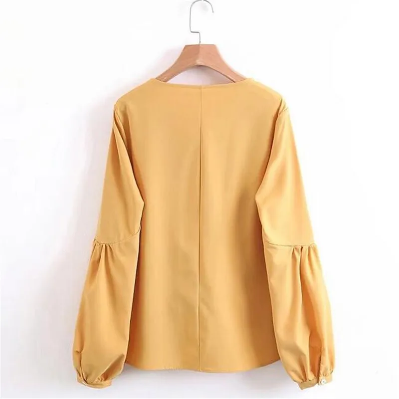 С пышными рукавами крест v образным вырезом с запахом топы blusa пикантные женские