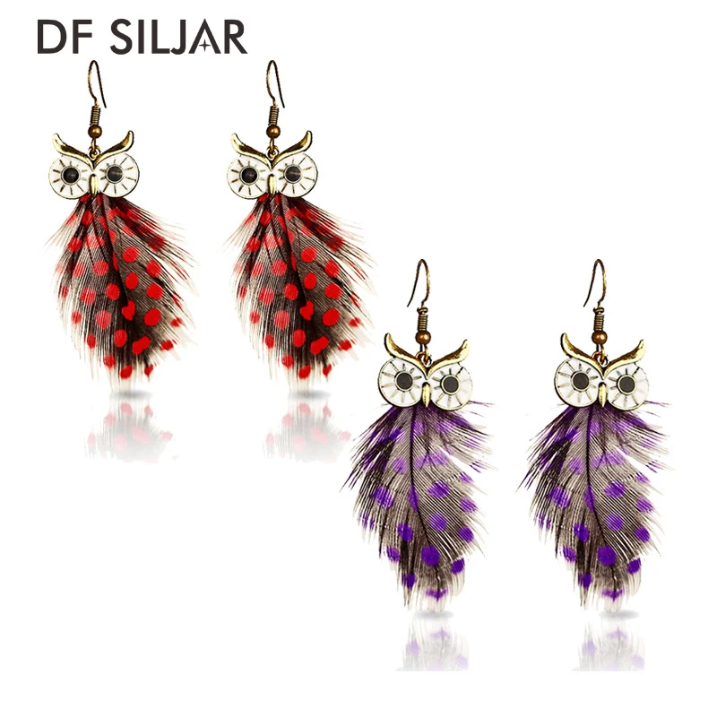 Red Purple Dot Peacock Feather Earrings long Owl Dangle Drop Hanging Ethnic For Women 2017 New Design Y1785 | Украшения и