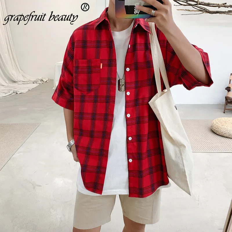 2019 летняя Хлопковая мужская клетчатая рубашка с коротким рукавом мужские