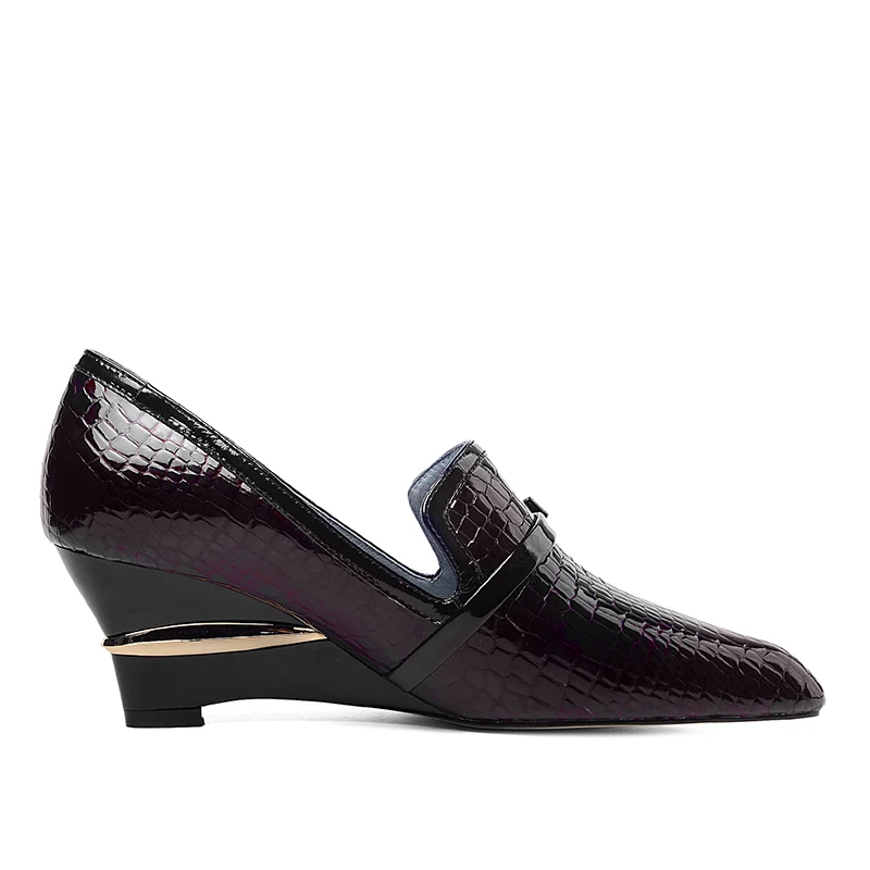 Туфли лодочки женские на высокой танкетке из тисненой коровьей кожи с бантом