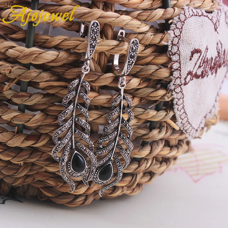 Женские серьги с перьями и камнем в винтажном стиле|Серьги-подвески| |