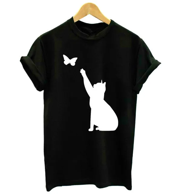 Женская футболка с принтом кошки и ловли бабочек повседневная забавная для