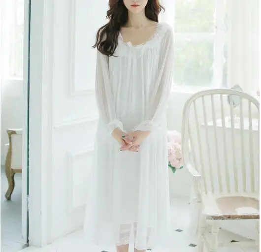 Ночная рубашка с длинным рукавом женская хлопковая кружевная длинная для лета A707