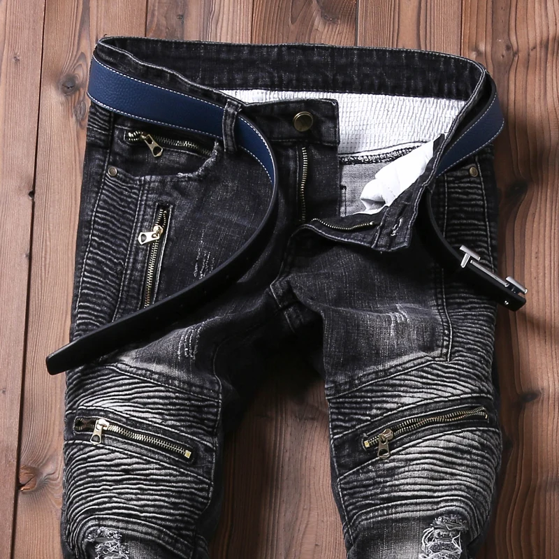 Мужская Молнии Джинсы Мужчин Тонкий Прямой Темно-Длинные Дизайнер Брюки Ночные