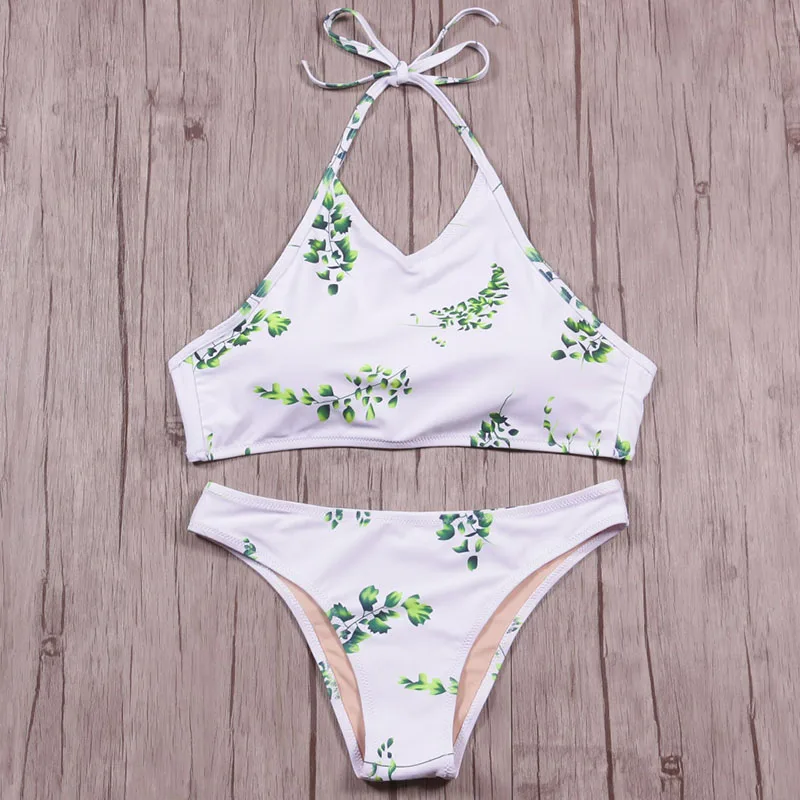 Женский купальник бикини TQSKK бразильский с зелеными листьями и лямкой на шее