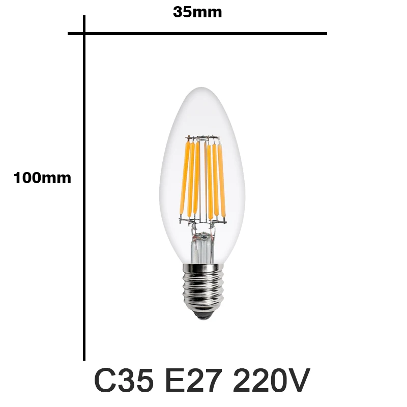 Светодиодный нити светильник лампочка E27 Ретро Эдисон лампы 220V E14 Винтаж светодиодный Эдисон лампы в форме свечи светильник Bulb освещение люстр COB декора - Испускаемый цвет: C35 E14 220V