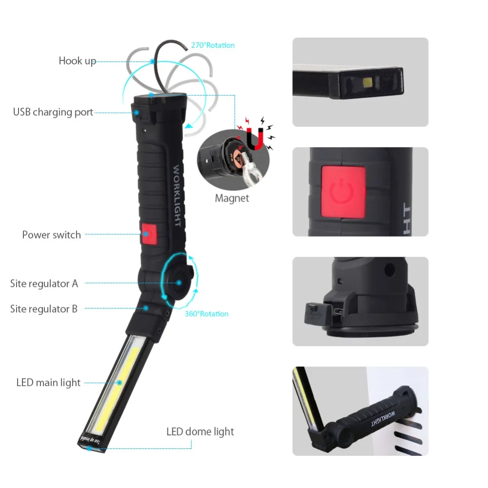 17 мм портативный 5 режимов COB фонарик USB Перезаряжаемый СВЕТОДИОДНЫЙ
