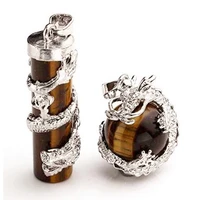 trendy beads silver plated chinese dragon wrap natural tiger eye stone pillar and round bead pendant