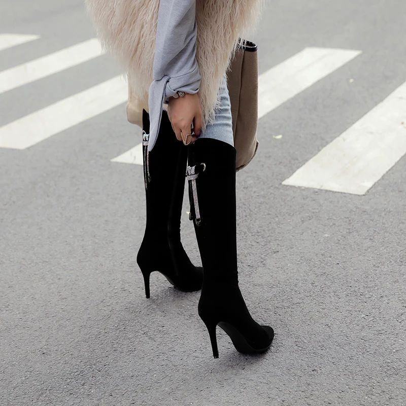

WETKISS Flock Thin High Heels Platform Women Boots Pointed Toe Footwear Crystal Shoes Women 2018 Knee High Autumn Female Boot