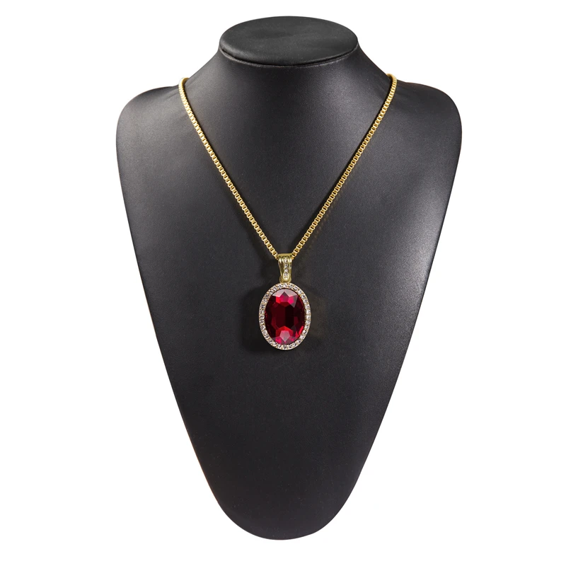 Мужские нагрудные украшения Bling Crystal Iced Out красный драгоценный камень CZ кулон цепь золотые овальные Стразы Подвески ожерелье ювелирные изделия подарок для женщин