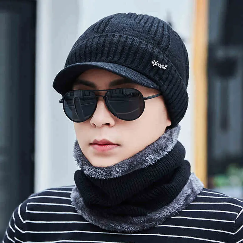 Black Hat Scarf Мужская зимняя шапка и шарф, набор для женщин, шарфы, шапка с козырьком, вязаный козырек, шапочки, Мужские балаклавы, теплый костюм из 2 предметов для взрослых - Цвет: Black Hat Scarf