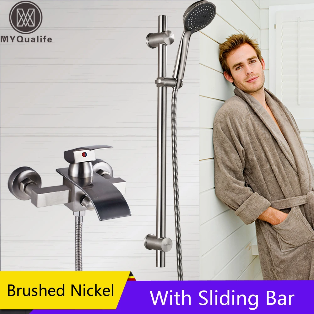 

Wall Mounted Shower Faucet Brushed Nickel Slide Bar Bath Shower Mixer Tap Waterfall Spout 3 Function Handshower Head