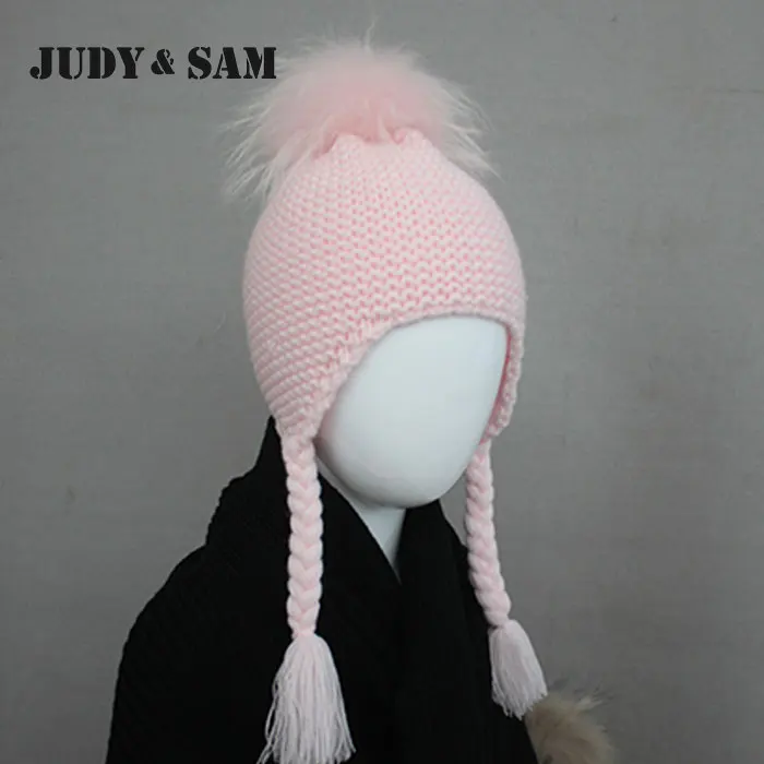 12-36Months Warm Winter Wool Blend Knitted Kids Earflap Hat with Matching Color Real Raccoon Fur Pom Poms Baby Bomber Hat