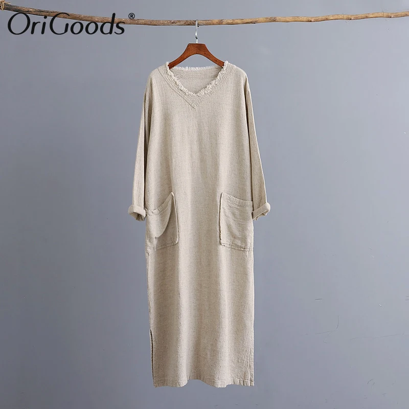 Женское льняное платье с V образным вырезом длинным рукавом|Женские платья| |