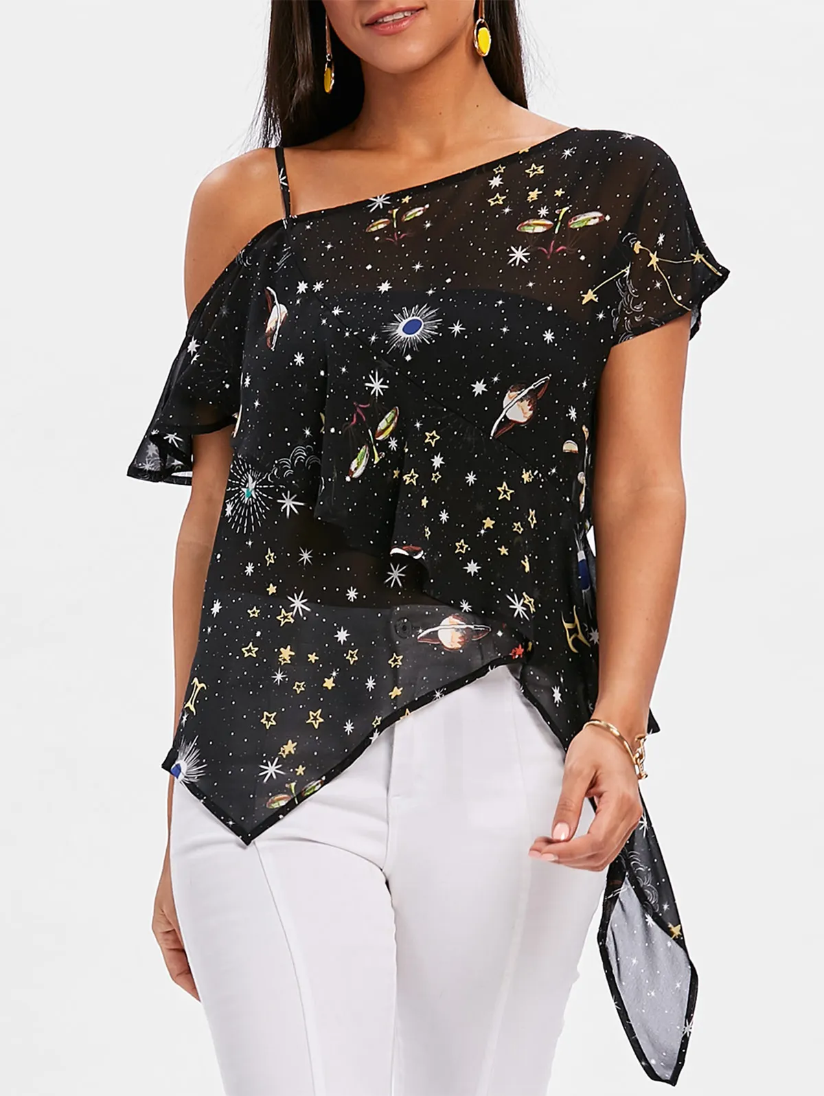 Женская Асимметричная блузка VESTLINDA повседневная черная шифоновая с открытыми