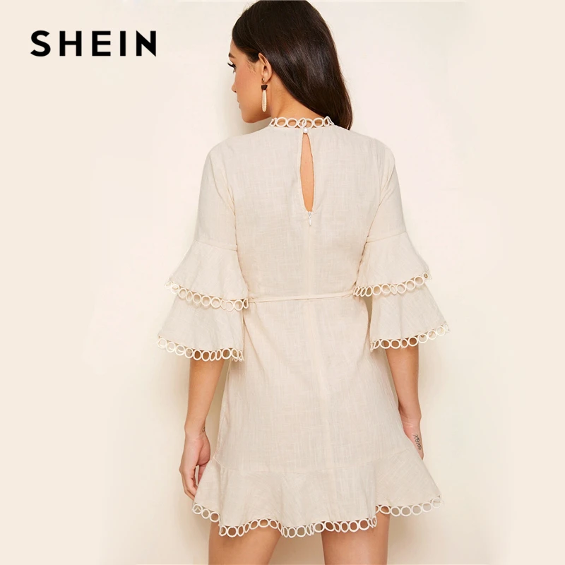SHEIN женское платье с вырезом-лодочкой на спине, с рукавами-воланами, с кружевной отделкой, с поясом, абрикосовое, многослойное, с оборками, с поясом, весеннее, летнее платье