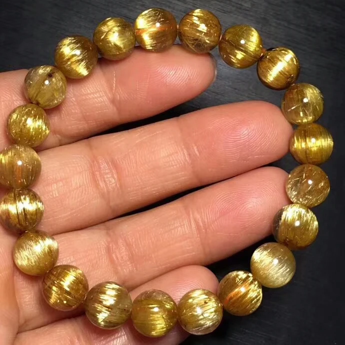 

100% 9mm Natural Gold Rutilated Titanium Quartz Round Beads Bracelet From Brazil Women Men Stretch Crystal Certificate AAAAAA