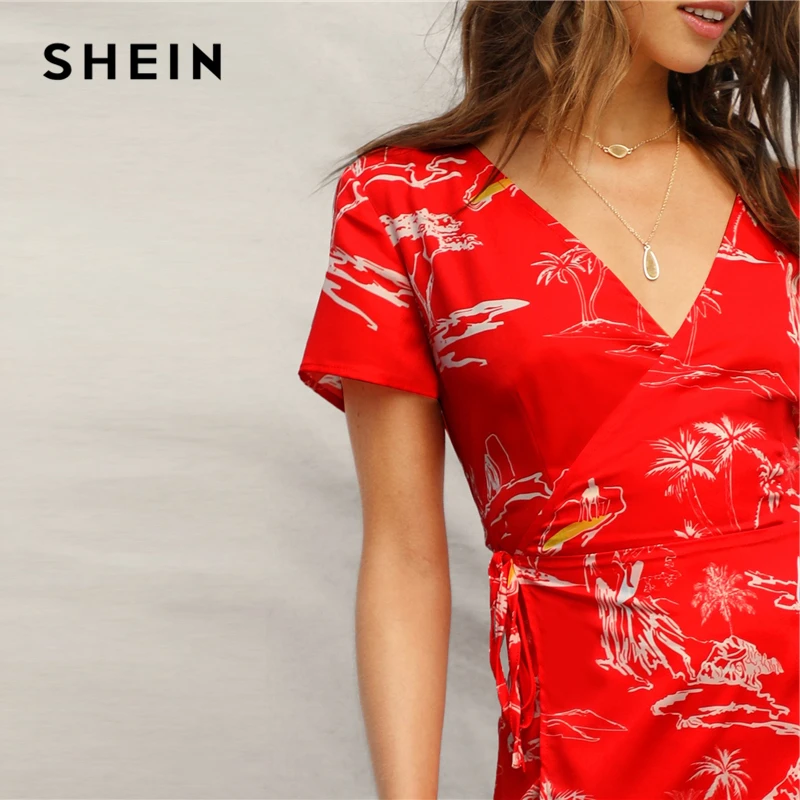 SHEIN Короткое Платье С Глубоким Вырезом И Тропическим Принтом Стильное Платье С Поясом На Запах