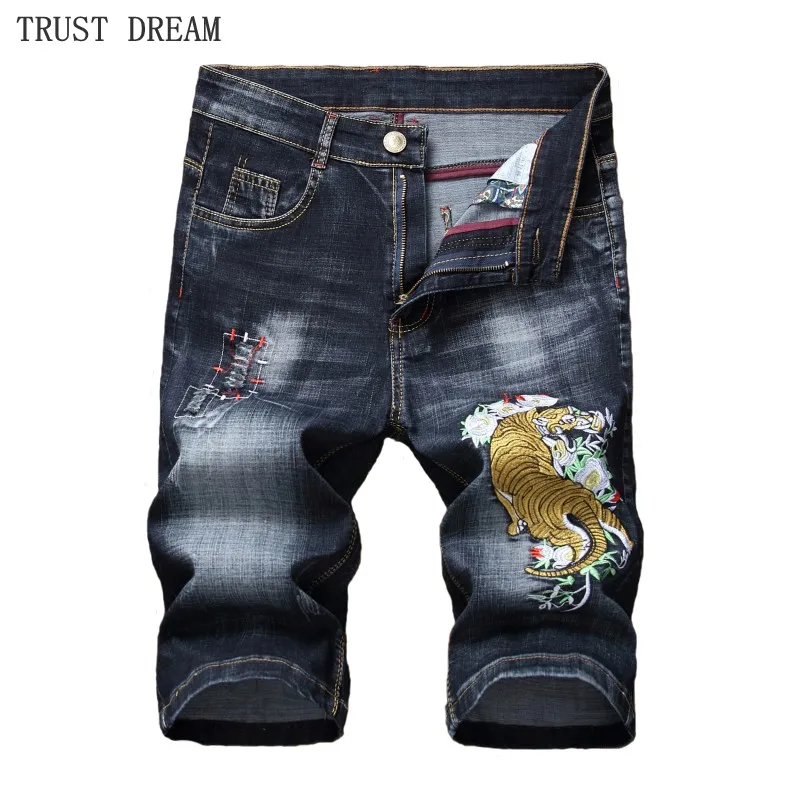 Летняя мужская мода Ebroidery Tiger джинсовые тонкие шорты качественные хлопковые
