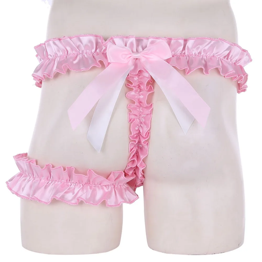 

iEFiEL Mens Lingerie Bowknot Lace Frilly Satin Ruffled Sissy Gay Male Panties High Cut G-string Underwear with Thigh Garter Belt