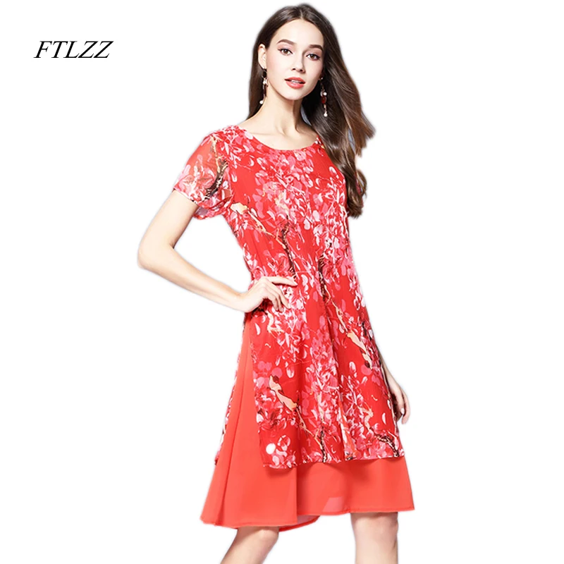 Ftlzz Женщины Летние Цветочные Печати Шифон Платье Средней Длины Старинные