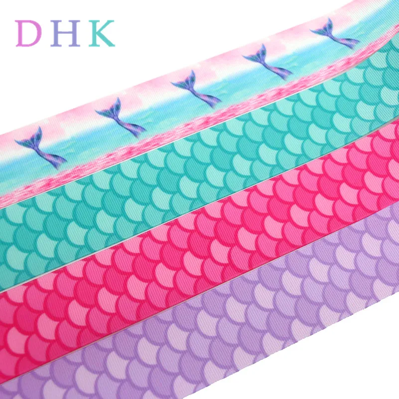 

DHK 1.5'' 50yards Mermaid Fish Scale Printed Grosgrain Ribbon Accessory Material Headwear Decoration Wholesale Craft 38mm S914