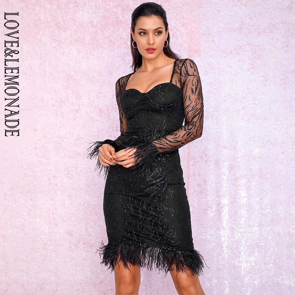 LOVE & LEMONADE сексуальное черное облегающее платье с перьями блестящий склеенный