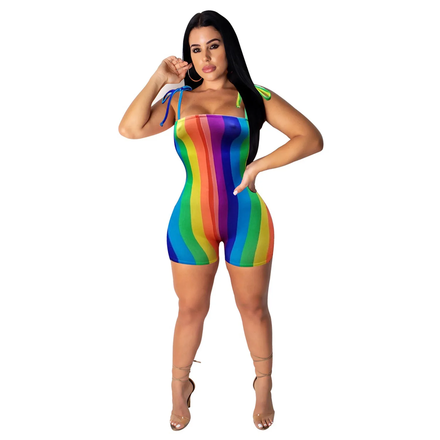 Colorful Радужный Полосатый Сексуальный Комбинезон для фитнеса, женский комбинезон на бретельках без рукавов, цельный комбинезон, летний короткий комбинезон без бретелек с открытой спиной - Цвет: Colorful