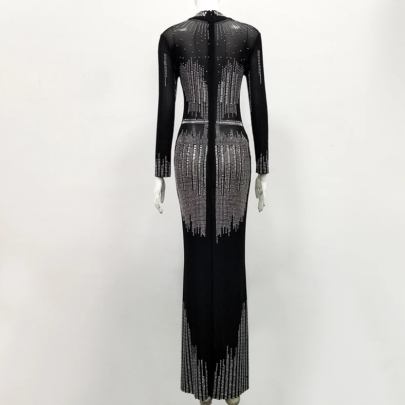 

2019 black Maxi Beading dress Ankle-Length Women Turtleneck long sleeve Vestidos Celebrity evening party bodycon bandage dresses
