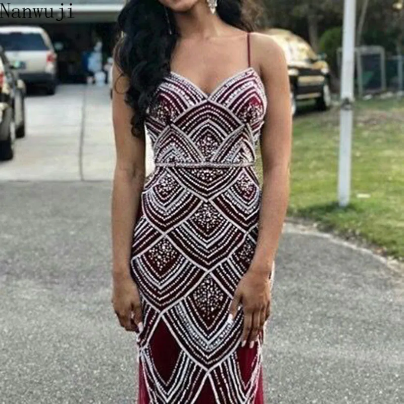 

2018 Fashion Luxury Spaghetti Evening Dresses Sleeveless V-Neck Mermaid Pearls Crystal Sexy Evening Gowns Dubai Robe De Soire