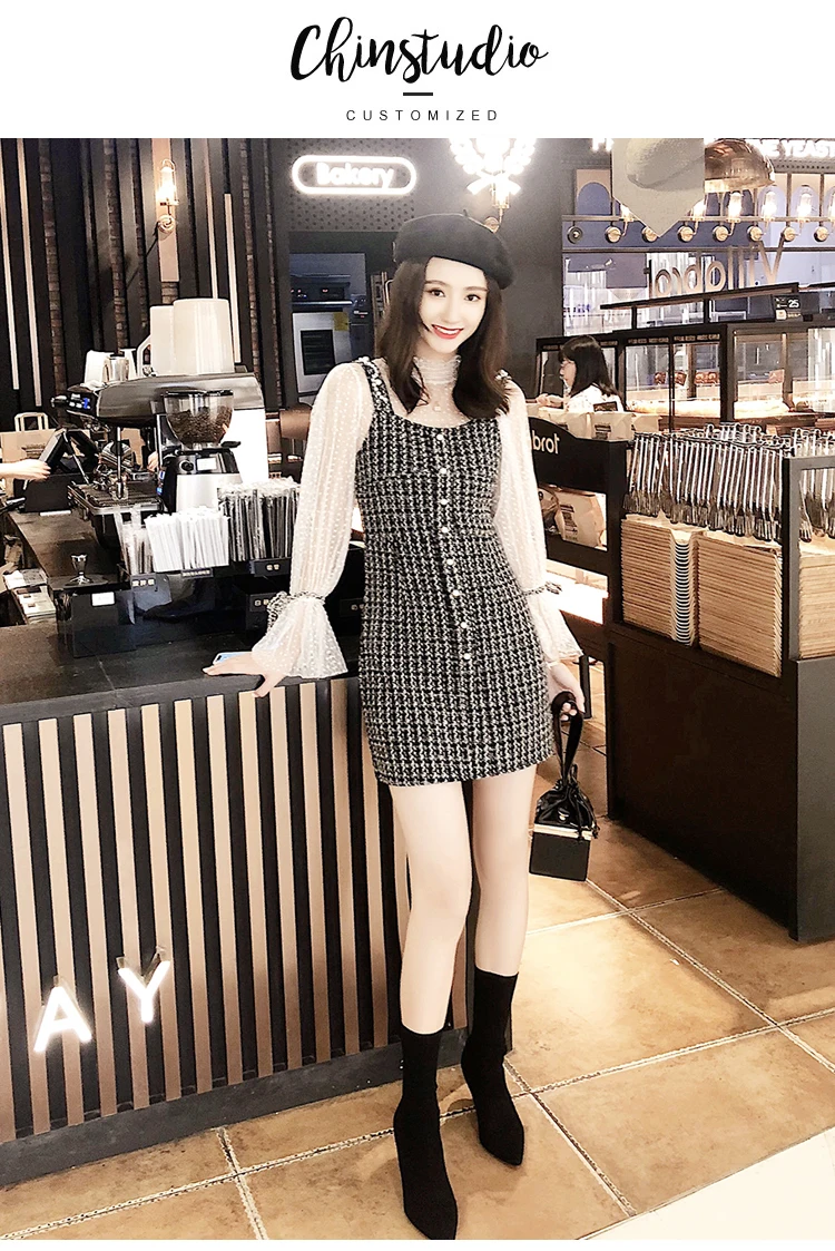 Two Pieces Set Mesh Tops Spaghetti Strap Dress Sexy Lantern Sleeve Mini Vest Dresses Ladies Fashion Elegant Party Dress New