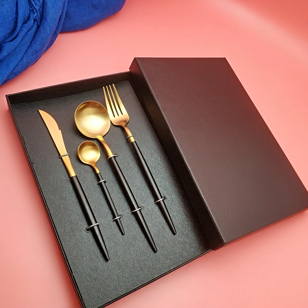 

Hot Sale 4/16 pcs Gold Dinnerware Christmas Gift Stainless steel Knife Fork Spoon Cutlery Kitchen Food Tableware Flatware Set