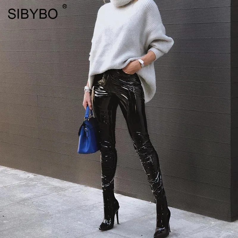 Sibybo/повседневные женские брюки с высокой талией из искусственной кожи; Новинка осени; узкие брюки-карандаш с пуговицами; черные пикантные женские брюки