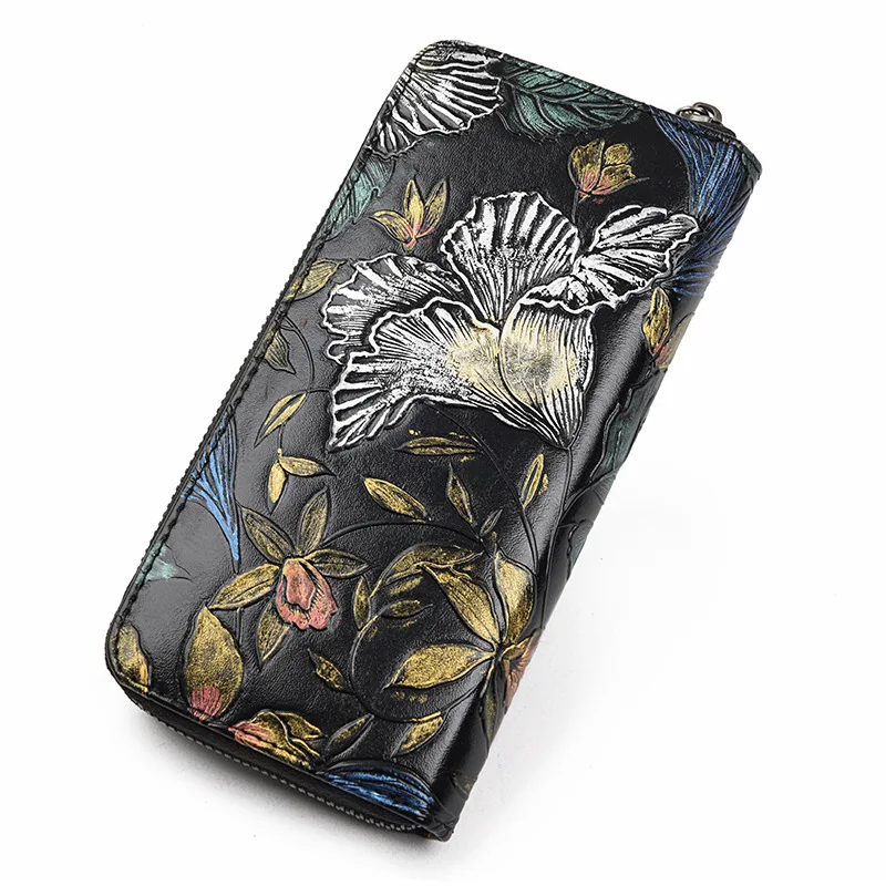 Модные кожаные женские длинные кошелек цветок Тиснение женский молнии бумажник