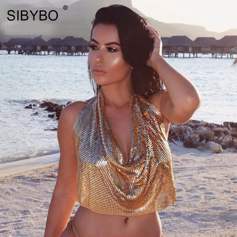 Sibybo, сексуальные женские топы с металлической отделкой,, с открытой спиной, топы с бюстгальтером без косточек, летние, пляжные, вечерние, Клубные, женские, с блестками, Обрезанные, майка, камзол