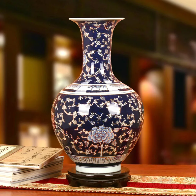 

Классическая китайская керамическая ваза Цзиндэчжэнь ручная роспись пион синий и белый фарфор ваза с позолотой украшения вазы