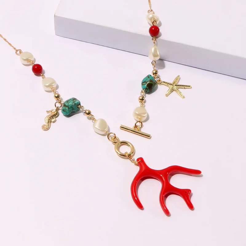 

KOMi Handmade Necklace Shell Coral Stones Pearls Crystal irregular Charm Pendant Earrings Necklaces Set ожерелье серьги B40213
