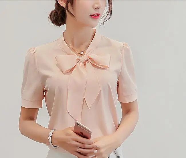 Новинка 2018 женская шифоновая блузка с длинными рукавами круглым вырезом и бантом