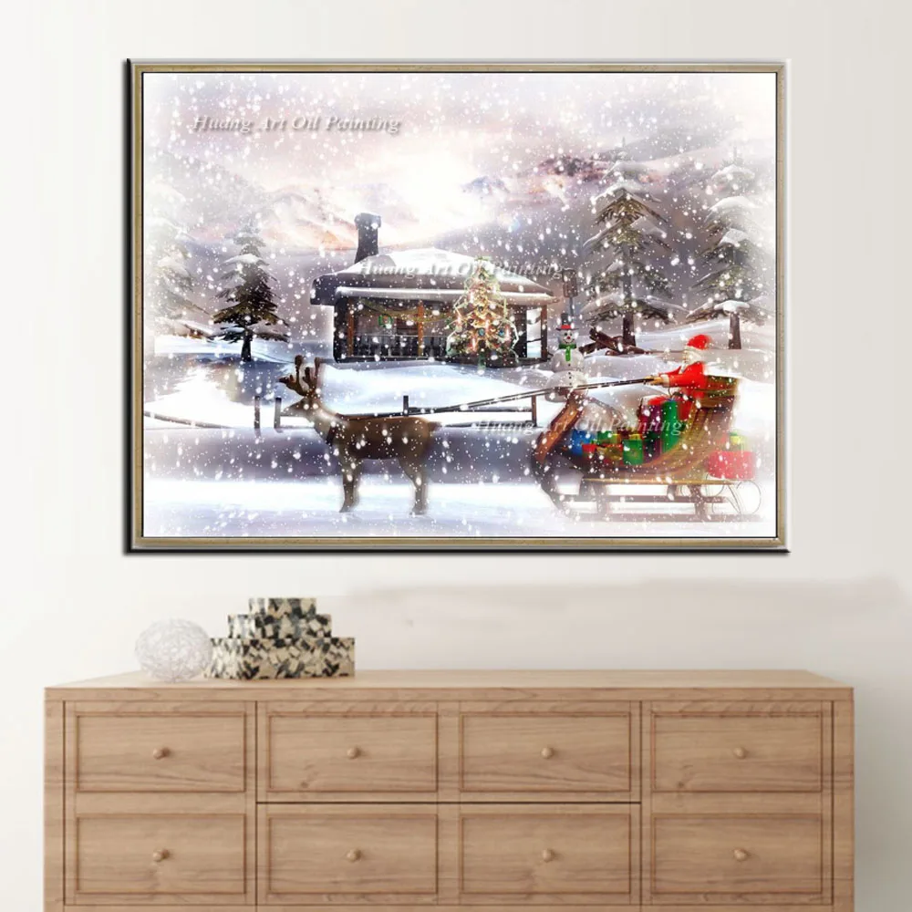 Ручная роспись Картина на холсте современный Санта-Клаус ездить оленях снежный