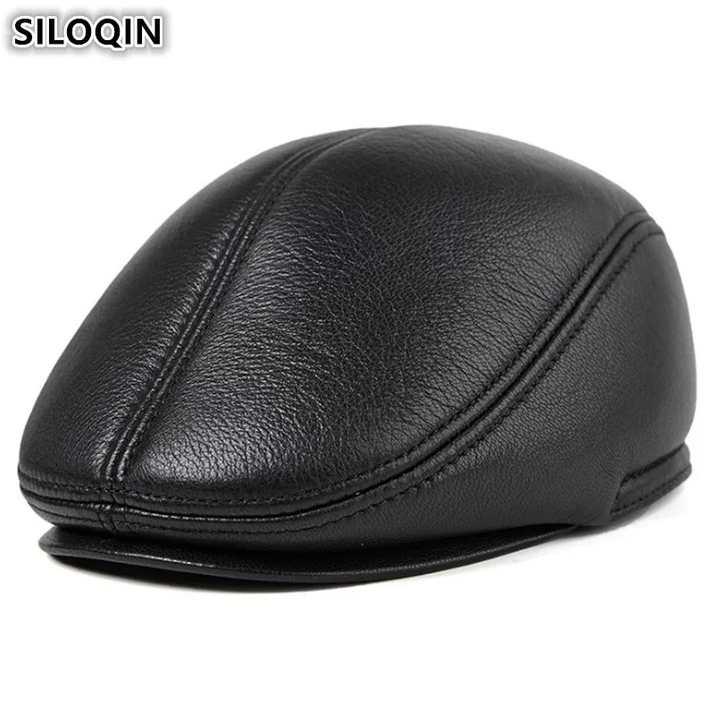 

SILOQIN Men's Earmuffs Caps Genuine Leather Hat Winter Plus Velvet Thick Warm Berets For Men Sheepskin Leather Brands Flat Cap