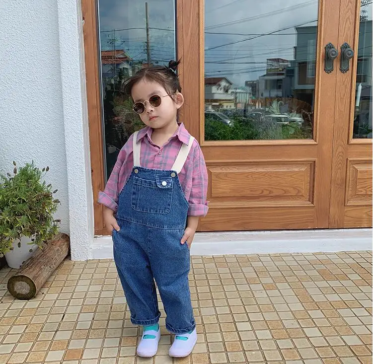 Autumn kids fashion Ribbon straps denim overalls boys girls all-match 2 colors suspender trousers 1-6Y | Мать и ребенок