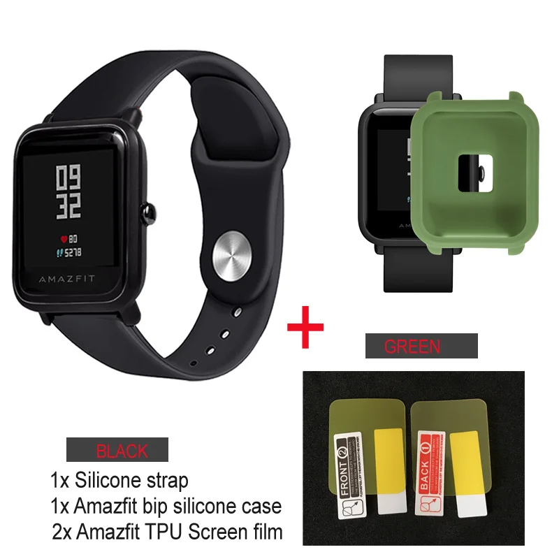 black strap-green 4в1/упаковка силиконовый мягкий ремешок для Xiaomi Huami Amazfit Bip BIT Молодежные часы браслет резиновый Amazfit bip чехол Крышка - Цвет: black strap-green