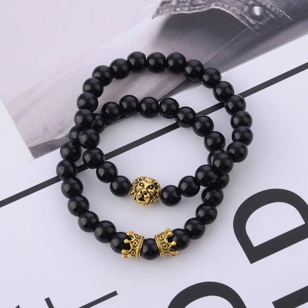 Модный мужской браслет 2 шт./компл. винтажный с черной бусиной короной головой