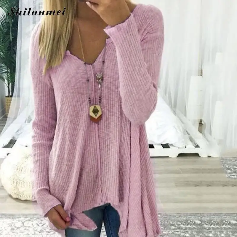 Women Long Sleeve Casual Solid V-Neck Sweater Irregular Hem Pullovers Tops Spring Autumn Plus Size Pull Femme 5XL 4XL | Женская одежда